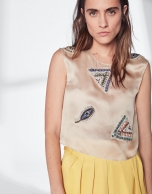 Beige silk top with appliqué