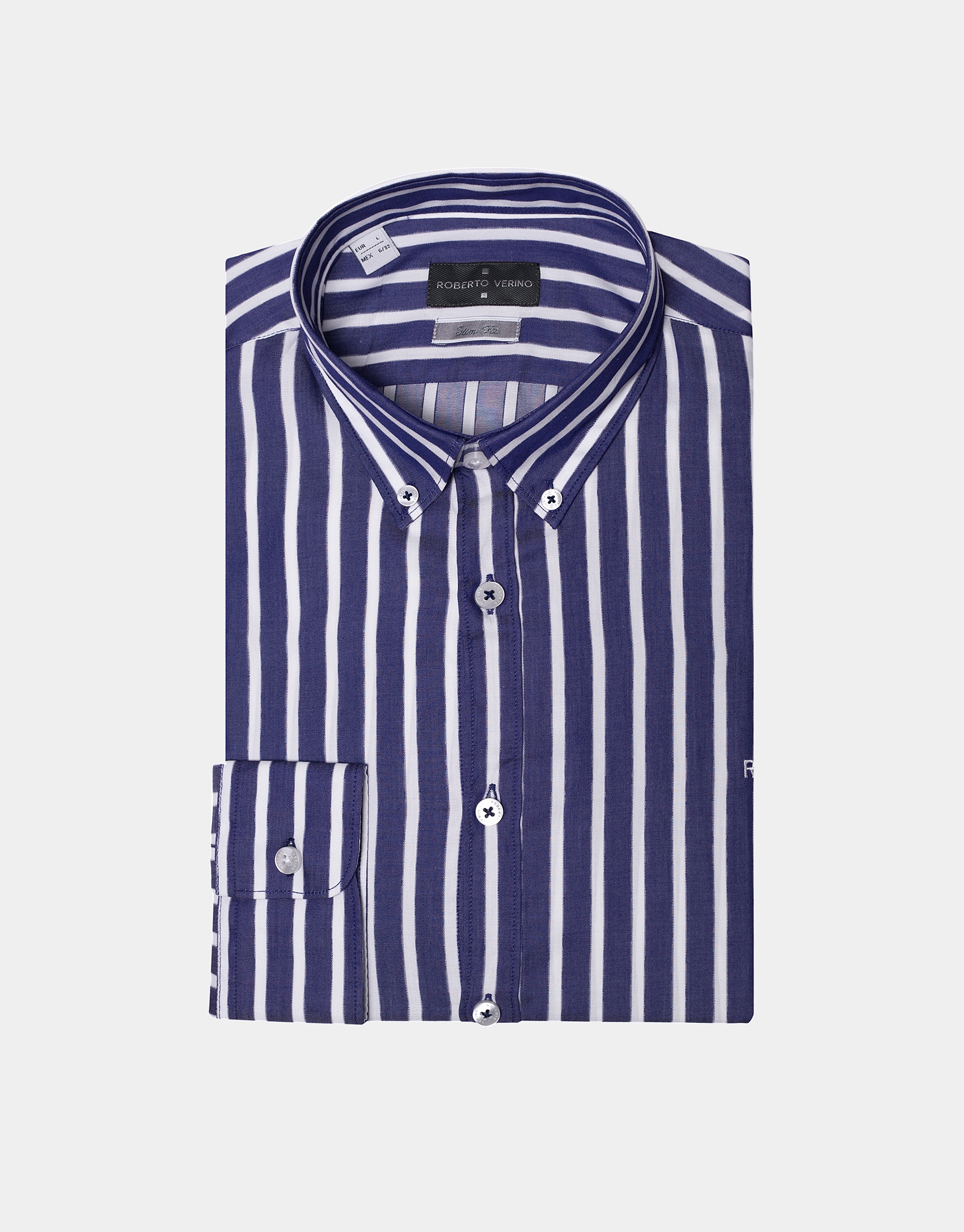 Blue/white wide striped sport shirt