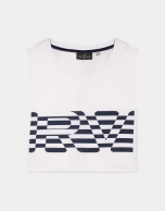 White top with navy blue striped logo