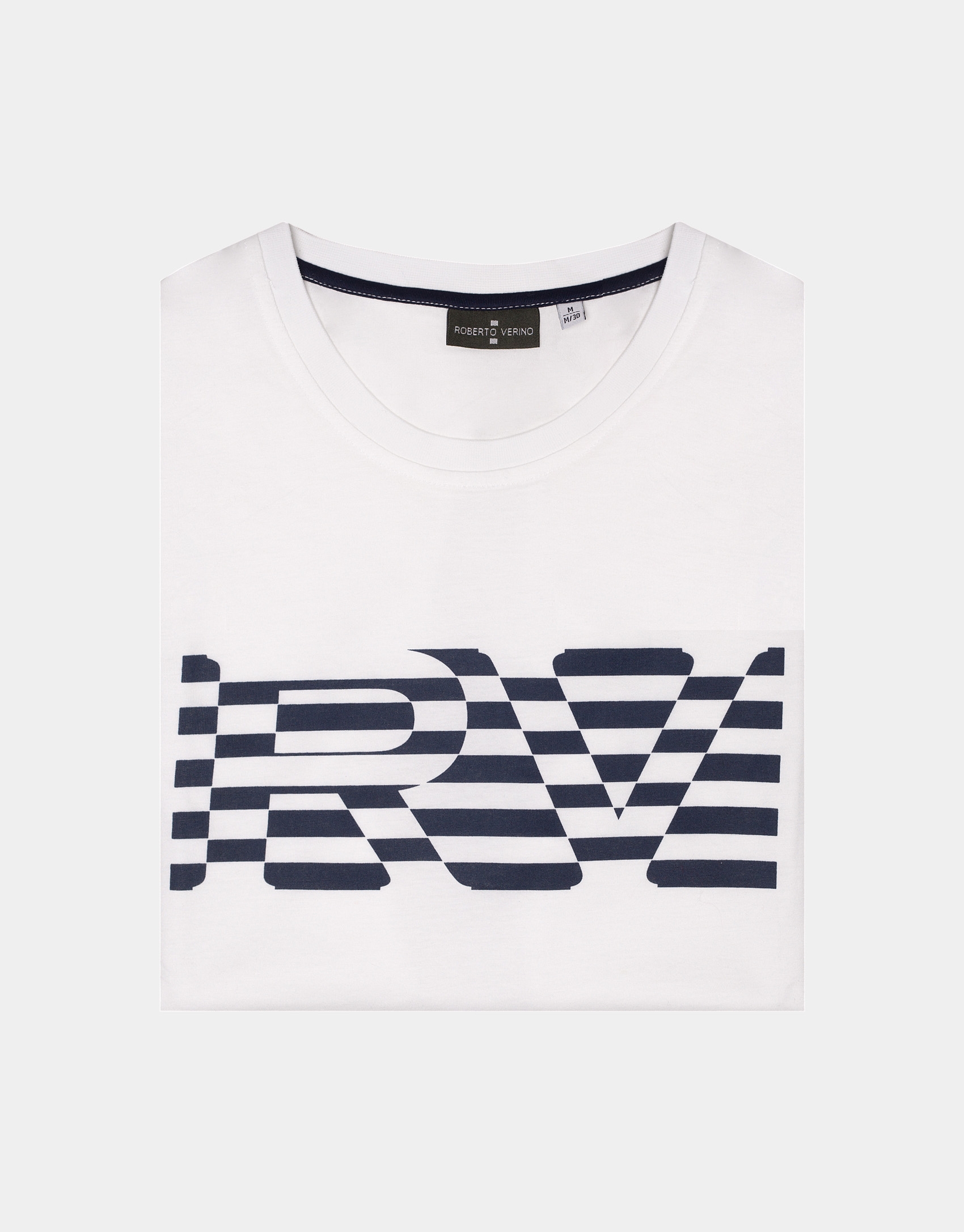 White top with navy blue striped logo