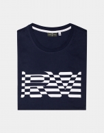 Navy blue top with white striped logo