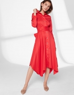 Red shirtwaist dress with scarf skirt