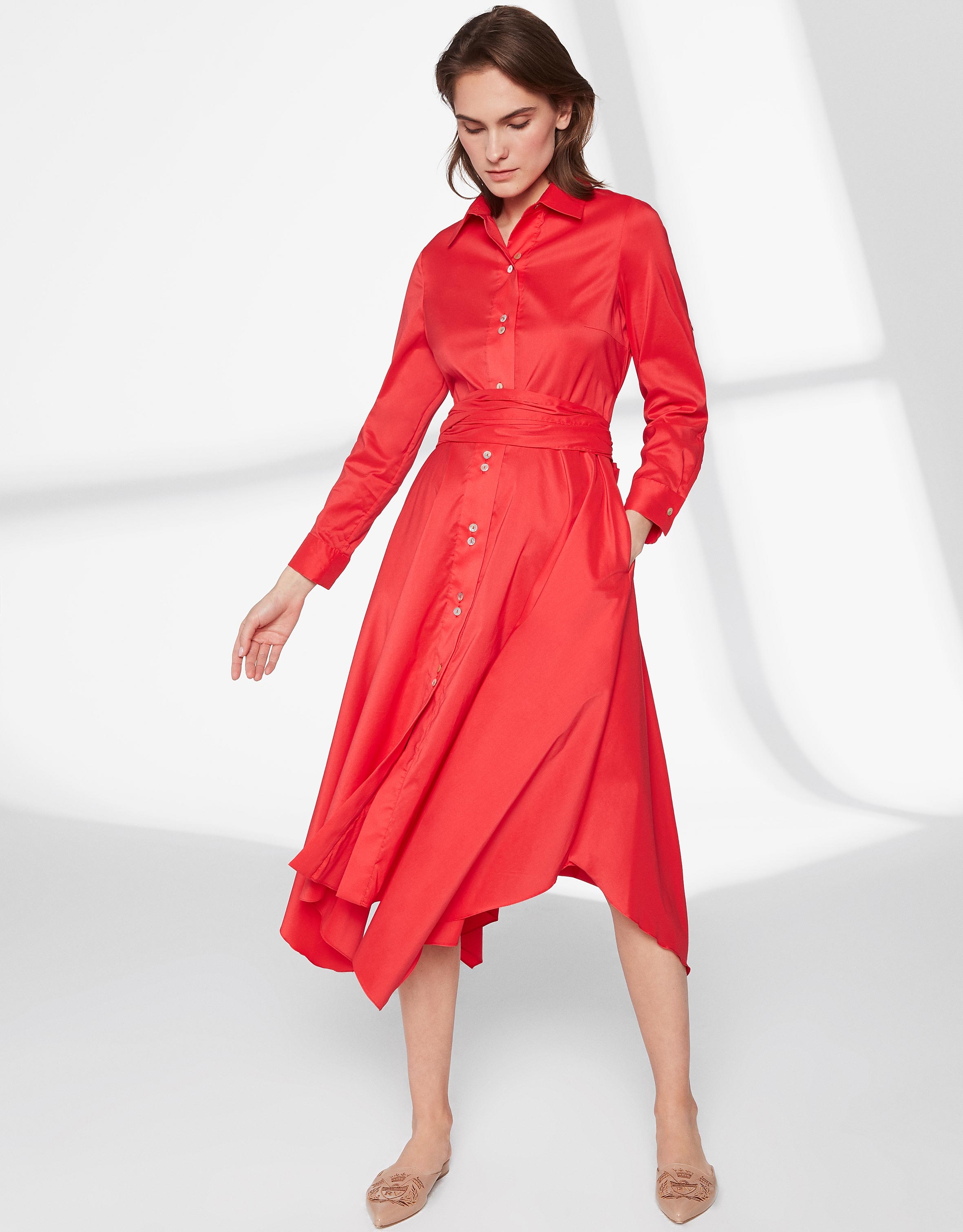 Red shirtwaist dress with scarf skirt