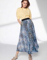 Blue print, long pleated skirt