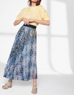 Blue print, long pleated skirt