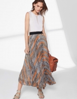 Brown print, long pleated skirt