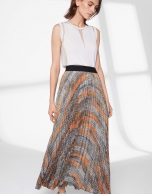 Brown print, long pleated skirt