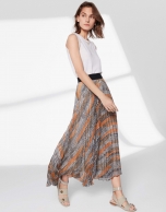 Brown print, long pleated skirt