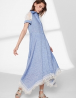 Blue linen dress with beige lace