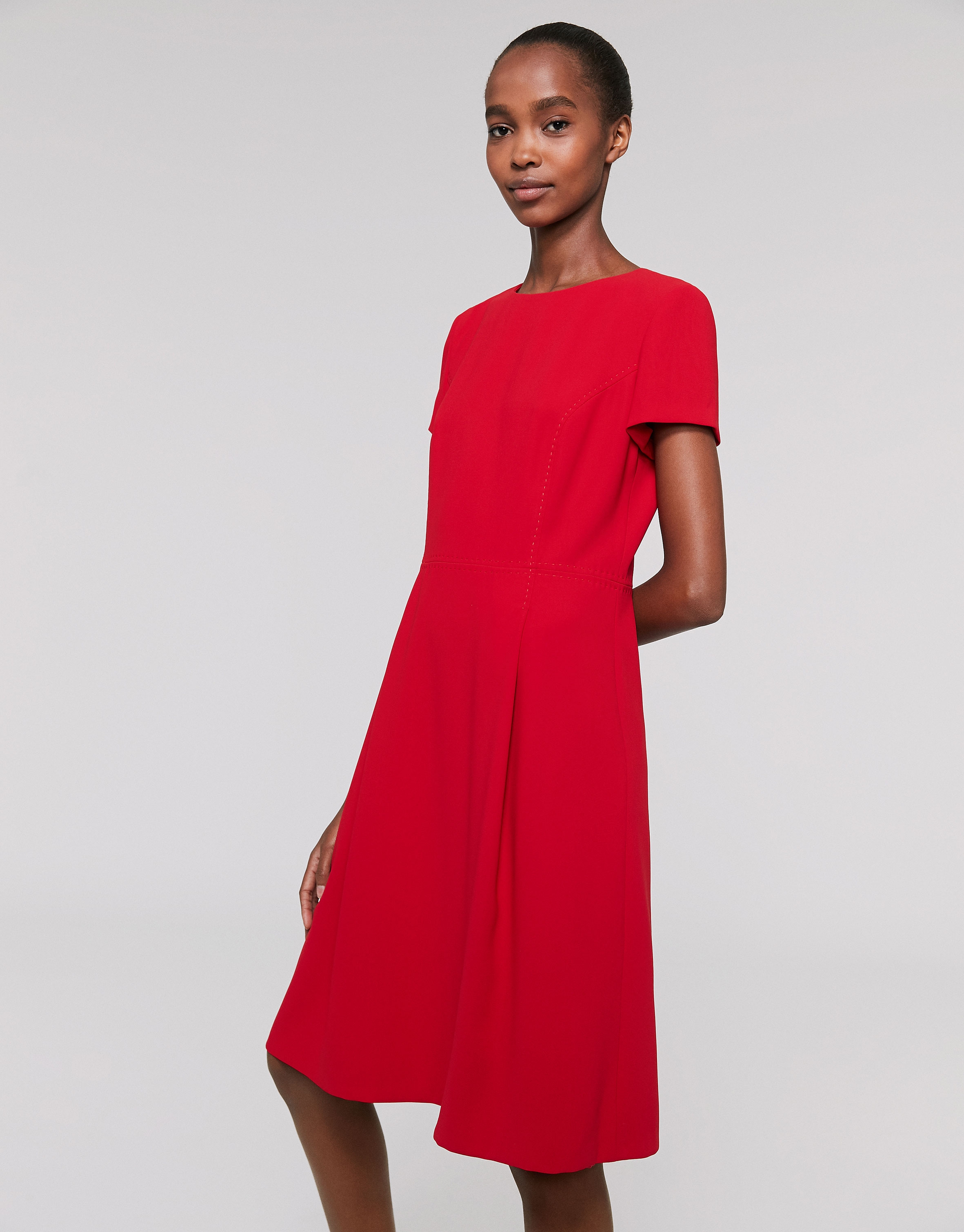 Midi red poppy dress with front pleat