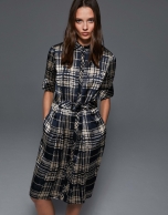 Navy blue and mink checked shirtwaist dress