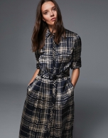 Navy blue and mink checked shirtwaist dress