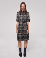 Navy blue and mink checked shirtwaist dress