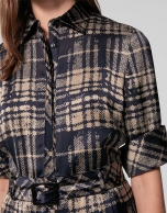 Navy blue and mink checked shirtwaist dress