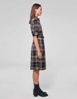 Navy blue and mink checked shirtwaist dress