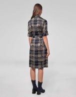 Navy blue and mink checked shirtwaist dress