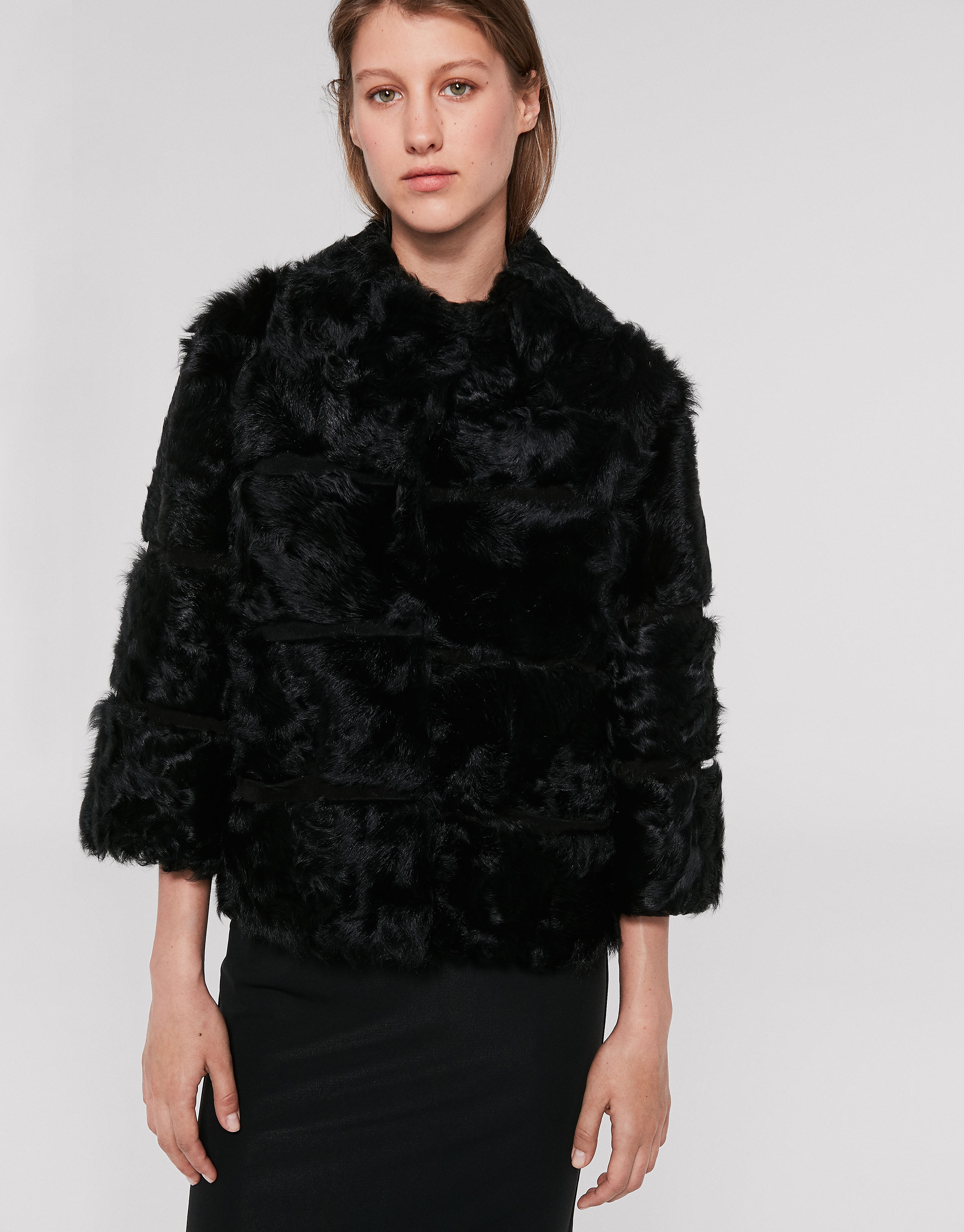 Short black lambskin and fur jacket