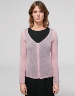 Pink wool/mohair cardigan with V-neck