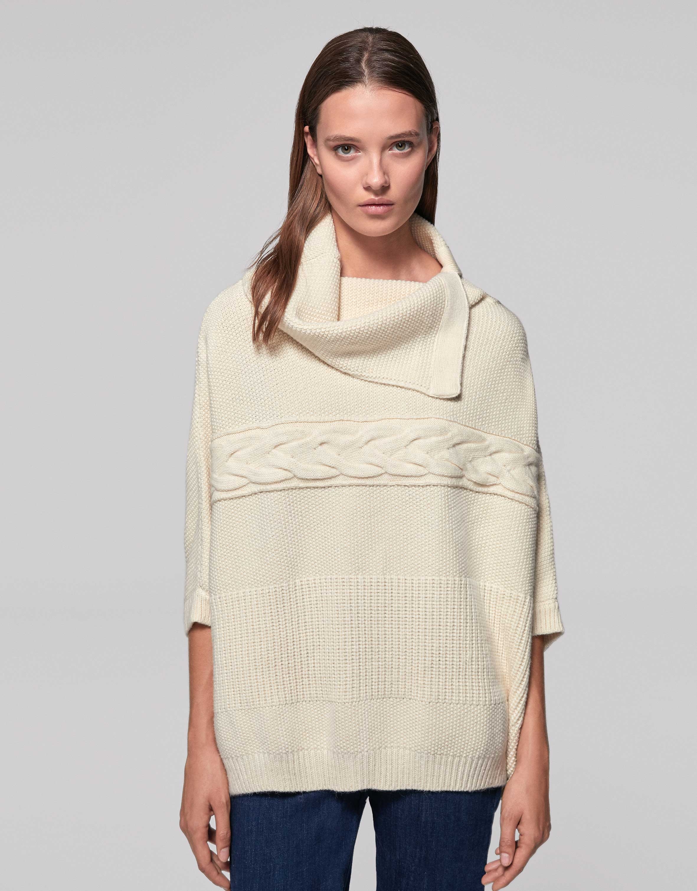 Ivory seed-stitched knit poncho