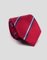 Red silk tie with blue stripes