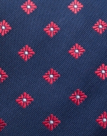 Navy blue silk tie with red jacquard flowers