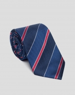 Navy blue, deep blue and red striped silk tie