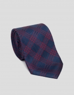 Navy blue and burgundy silk checked tie