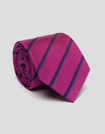 Fucsia silk tie with blue stripes