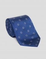 Blue silk tie with silver jacquard circles