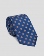 Blue silk tie with orange jacquard 