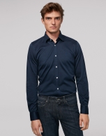 Navy blue herringbone knit sport shirt