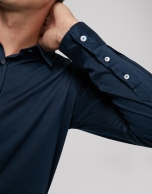 Navy blue herringbone knit sport shirt