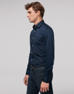 Navy blue herringbone knit sport shirt