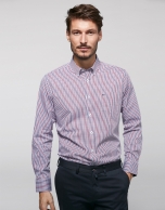 Red and navy blue linear checked sport shirt