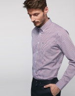 Red and navy blue linear checked sport shirt