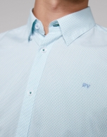 Green and light blue geometric print sport shirt