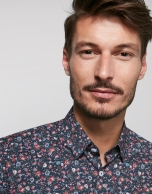 Navy blue sport shirt with multicolor floral print 