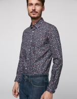 Navy blue sport shirt with multicolor floral print 