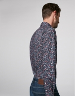 Navy blue sport shirt with multicolor floral print 