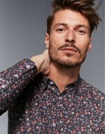 Navy blue sport shirt with multicolor floral print 