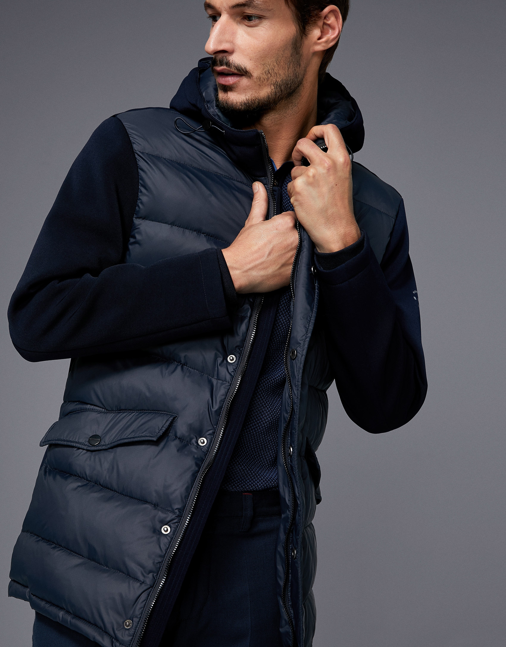 Navy blue tech fabric parka with hood