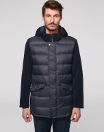 Navy blue tech fabric parka with hood