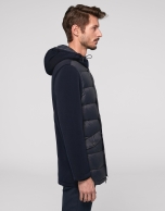 Navy blue tech fabric parka with hood