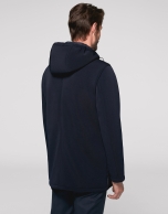 Navy blue tech fabric parka with hood