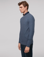 Blue melange wool sweater with design