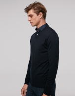 Navy blue wool sweater with V neck