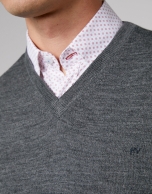 Grey melange wool sweater with V neck