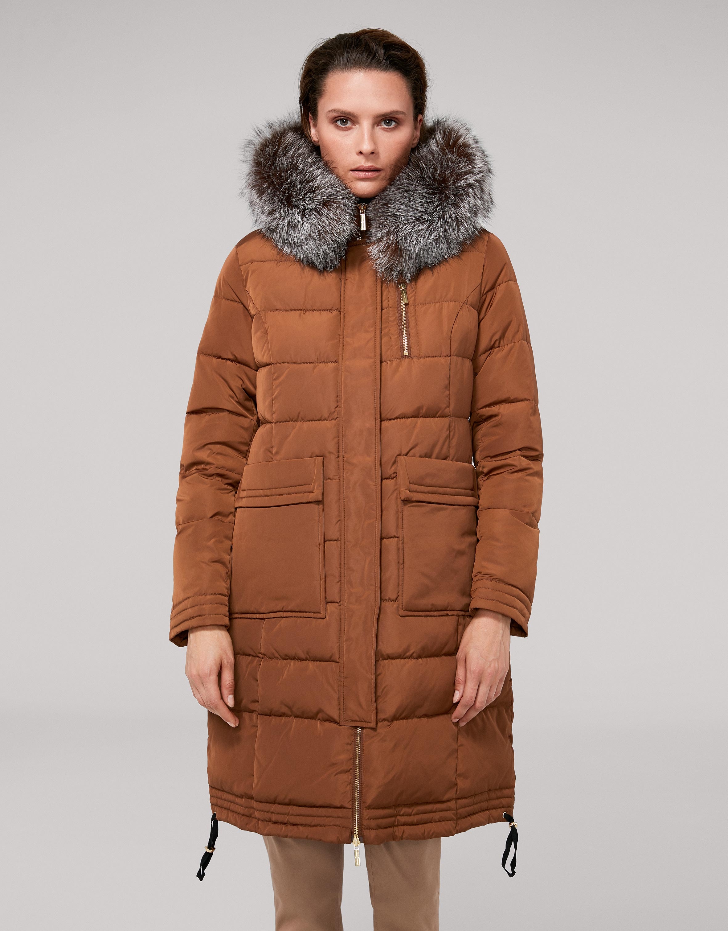 Long, mink-colored anorak and hood with fur