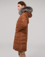 Long, mink-colored anorak and hood with fur