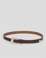 Brown leather snakeskin embossed, narrow belt